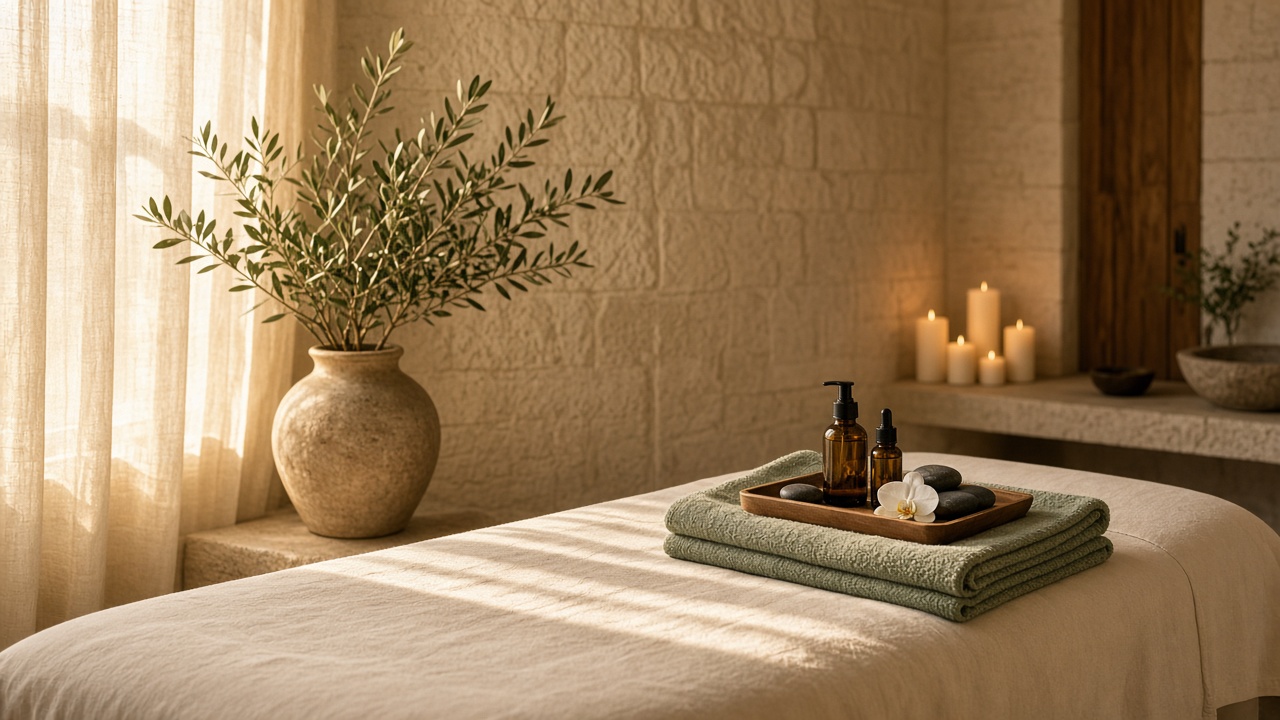 غرفة مساج في Avenor Spa بإضاءة دافئة وطاولة مجهزة