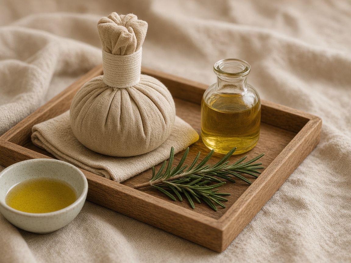 كمادة أعشاب وزيت دافئ لمساج علاجي